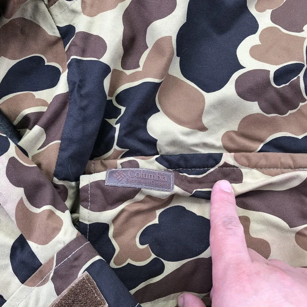 Vintage Columbia Jacket Mens XL Brown Camo Canvas Parka Omni-Tech Radial Sleeve